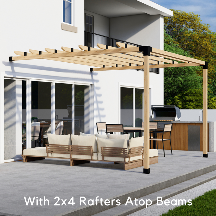 113 - Attached 7x7 pergola with medium-spaced traditional 2x4 roof rafters atop beams