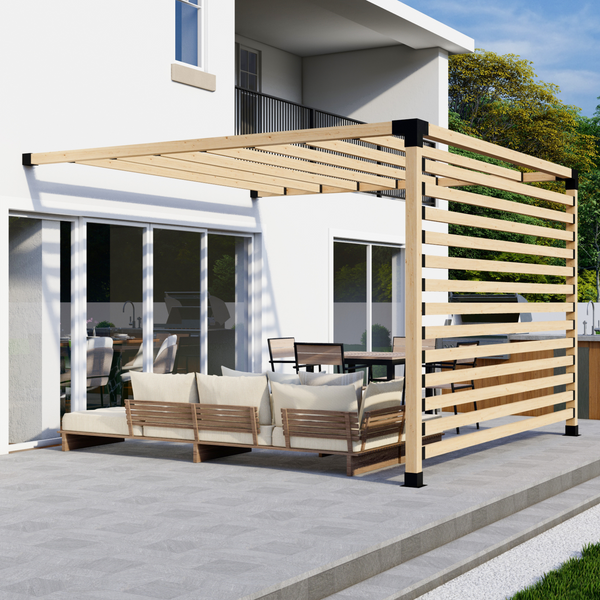 Up to 12' x 12' Pergola Attached to House with Straight Inline 2x4 Roof Slats and Privacy Wall