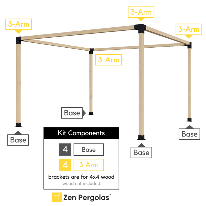 512.6 - This single free-standing pergola kit includes 4 base brackets and 4 3-arm brackets, all of which are for 4x4 wood