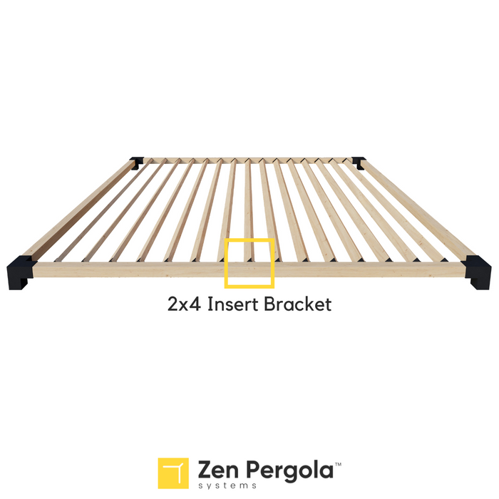 008 - Schematic drawing showing how a 2x4 insert bracket is used on a pergola roof to create angled roof slats