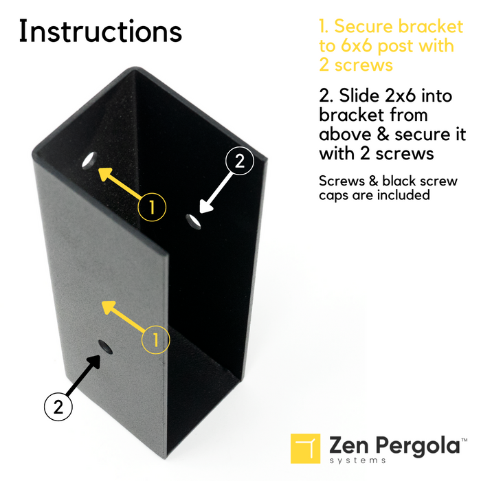 058 - Instructions to first secure a 2x6 insert bracket to a 6x6 post and then slide in & secure the 2x6 to the bracket