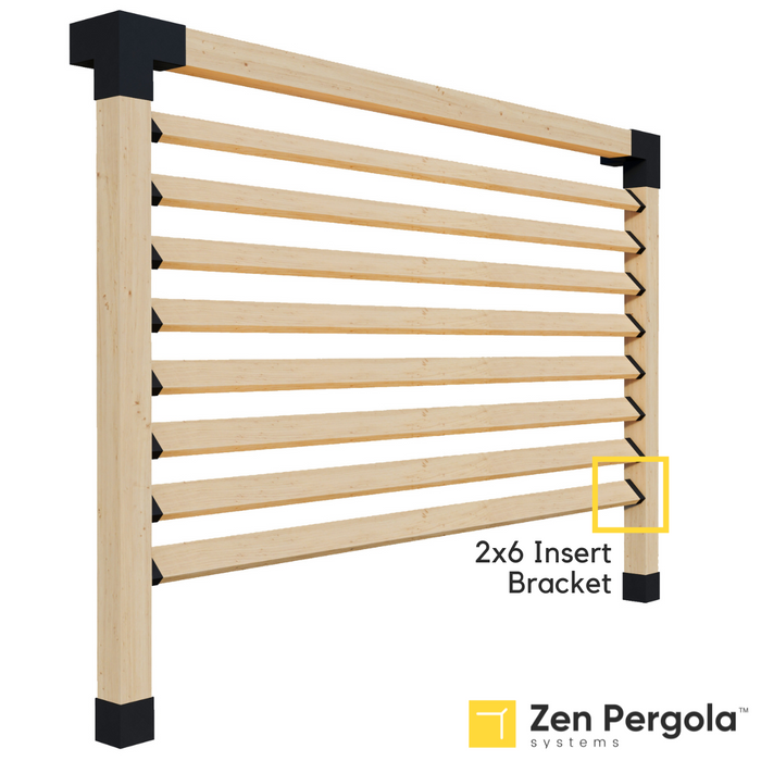 058 - Schematic drawing illustrating how 2x6 insert brackets can be used to install angled 2x6 slats to form a pergola privacy wall