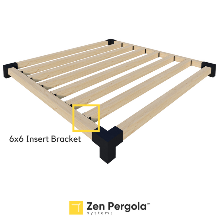 057 - Schematic drawing showing how 6x6 insert brackets can be used to install 6x6 roof rafters on a pergola