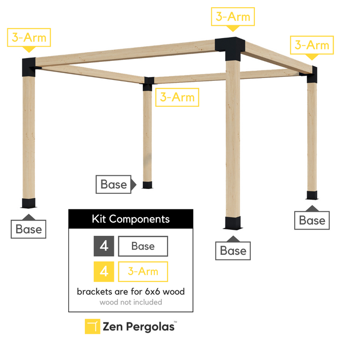 560 - This single free-standing pergola kit includes 4 base brackets and 4 3-arm brackets, all of which are for 6x6 wood