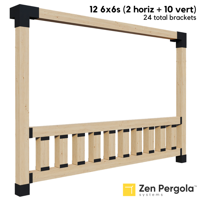 093 - A pergola wall with a side railing kit with top and bottom horizontal 6x6 posts with 10 vertical 6x6 short posts between them