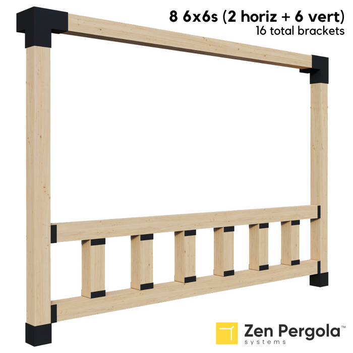 093 - A pergola wall with a side railing kit with top and bottom horizontal 6x6 posts with 6 vertical 6x6 short posts between them