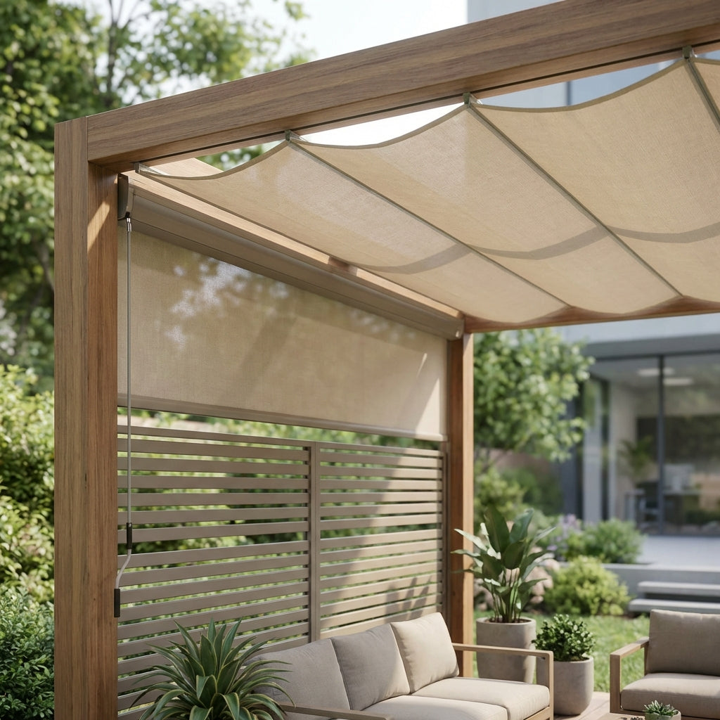 Illustration for Maximizing Comfort with Retractable Shade Systems and Integrated Privacy Walls for Your DIY Pergola