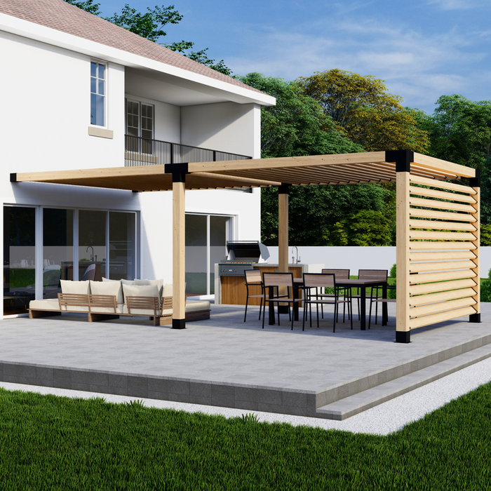 Attached Pergola Kit for 6x6 Wood Posts (Any Size Up to 12' Attached x 24') - With Angled Roof Slats + Privacy Wall (Close Spacing)
