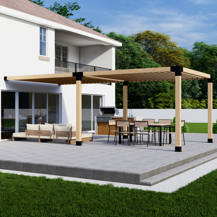 Attached Pergola Kit for 6x6 Wood Posts (Any Size Up to 12' Attached x 24') - With Angled Roof Slats (Close Spacing)