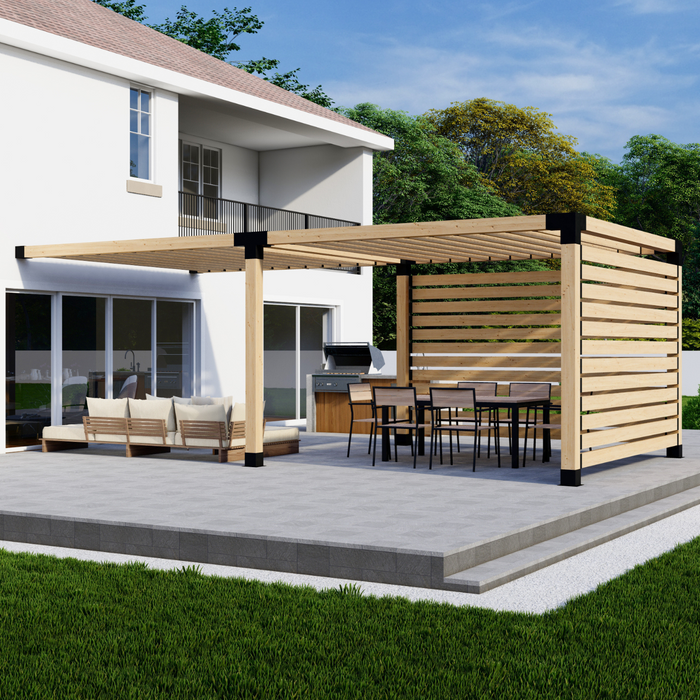 Attached Pergola Kit for 6x6 Wood Posts (Any Size Up to 12' Attached x 24') - With Inline Roof Rafters + 2 Privacy Walls (Close Spacing)