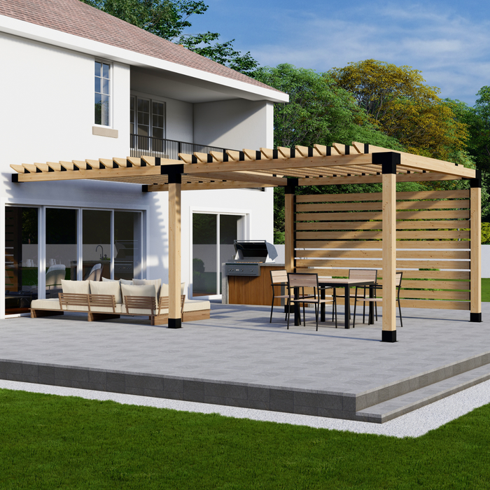 Attached Pergola Kit for 6x6 Wood Posts (Any Size Up to 12' Attached x 24') - With Traditional Roof Rafters + 1 Privacy Wall (Close Spacing)