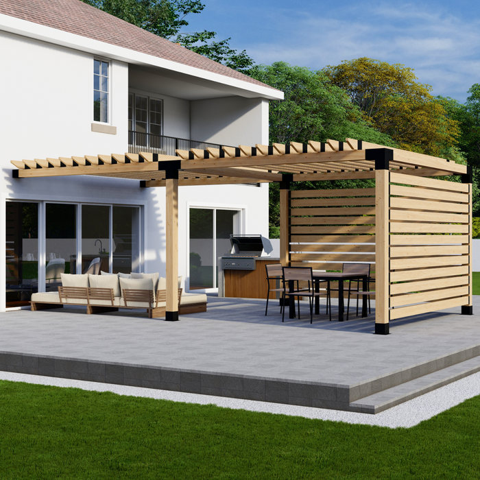 Attached Pergola Kit for 6x6 Wood Posts (Any Size Up to 12' Attached x 24') - With Traditional Roof Rafters + 2 Privacy Walls (Close Spacing)