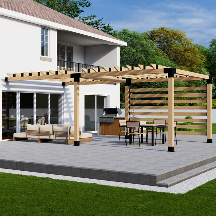 Attached Pergola Kit for 6x6 Wood Posts (Any Size Up to 12' Attached x 24') - With Traditional Roof Rafters + 1 Privacy Wall (Medium Spacing)