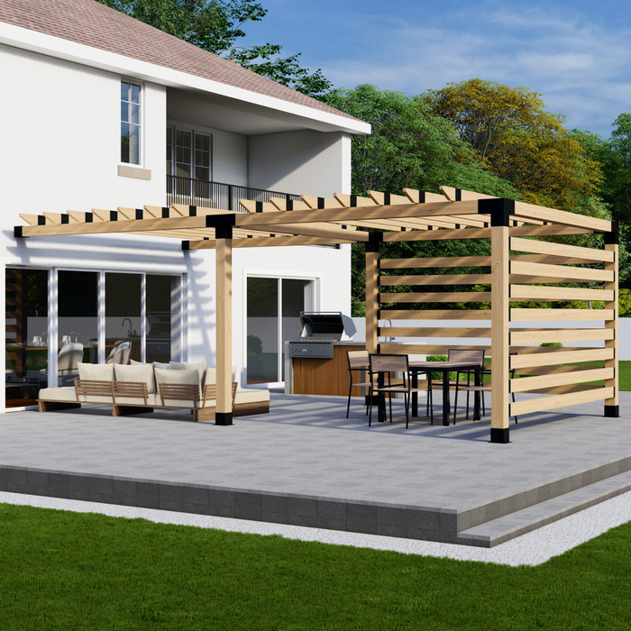 Attached Pergola Kit for 6x6 Wood Posts (Any Size Up to 12' Attached x 24') - With Traditional Roof Rafters + 2 Privacy Walls (Medium Spacing)