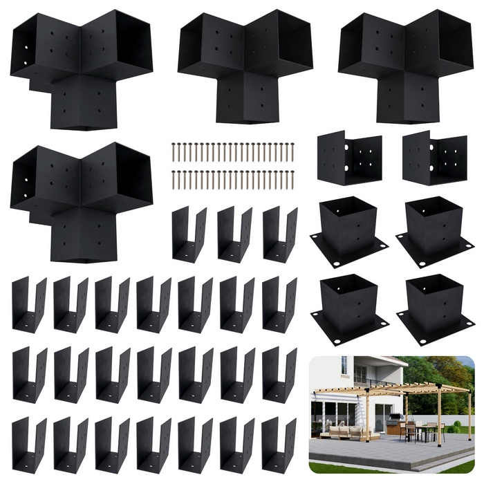 Pergola kit includes 4 base brackets, 2 wall-mount brackets, 2 3-arm brackets, 2 4-arm brackets and 24 2x4 rafter brackets for a roof with traditional 2x4 rafters atop beams