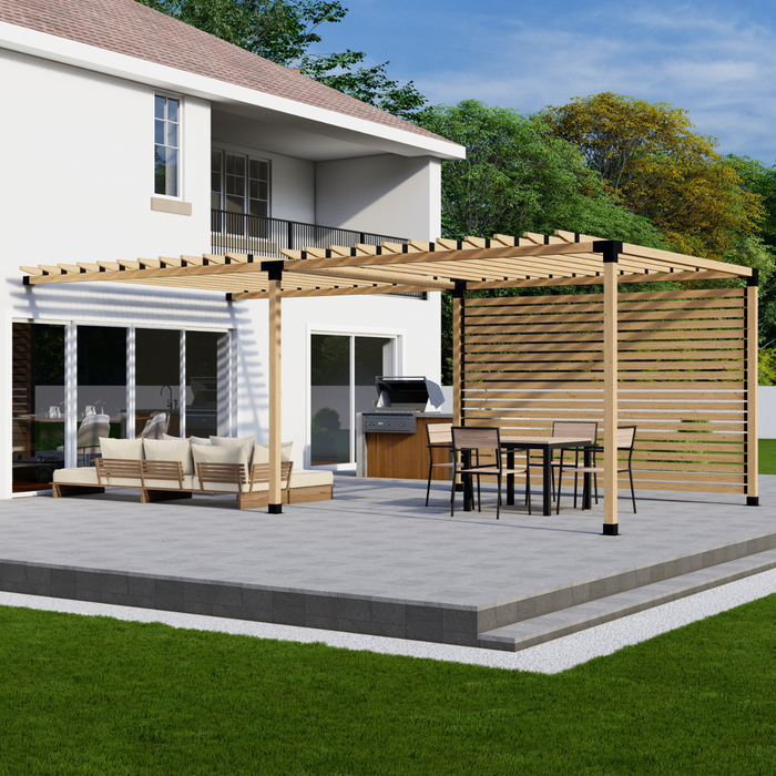 Attached Pergola Kit for 4x4 Wood Posts (Any Size Up to 12' Attached x 24') - With Traditional Roof Rafters + 1 Privacy Wall (Close Spacing)