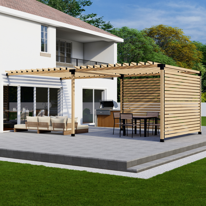 Attached Pergola Kit for 4x4 Wood Posts (Any Size Up to 12' Attached x 24') - With Traditional Roof Rafters + 2 Privacy Walls (Close Spacing)