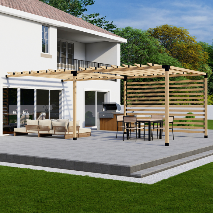 Attached Pergola Kit for 4x4 Wood Posts (Any Size Up to 12' Attached x 24') - With Traditional Roof Rafters + 1 Privacy Wall (Medium Spacing)