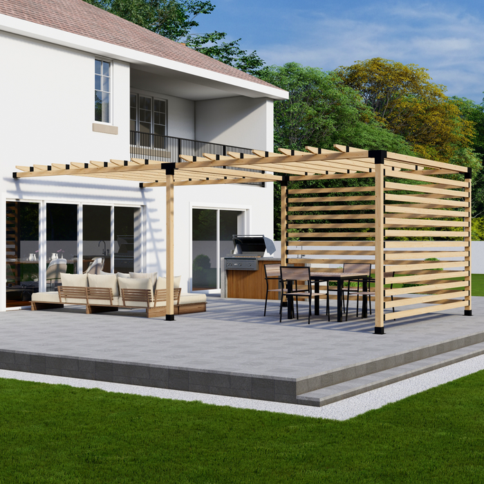 Attached Pergola Kit for 4x4 Wood Posts (Any Size Up to 12' Attached x 24') - With Traditional Roof Rafters + 2 Privacy Walls (Medium Spacing)