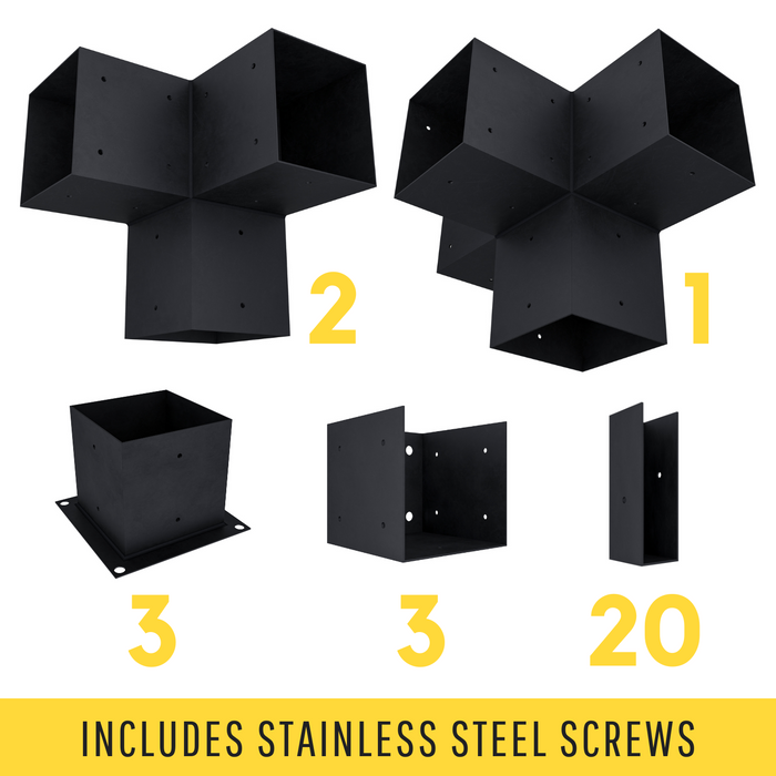 Pergola kit includes 3 base brackets, 3 wall-mount brackets, 2 3-arm post brackets, 1 4-arm post bracket and 20 roof brackets for adding straight inline 2x6 roof slats