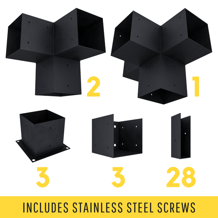 Pergola kit includes 3 base brackets, 3 wall-mount brackets, 2 3-arm post brackets, 1 4-arm post bracket and 28 roof brackets for adding straight inline 2x6 roof slats