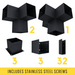 Pergola kit includes 3 base brackets, 3 wall-mount brackets, 2 3-arm post brackets, 1 4-arm post bracket and 32 roof brackets for adding angled 2x6 roof slats