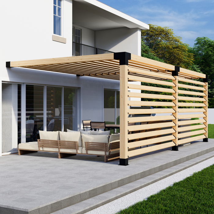 Attached Pergola Kit for 6x6 Wood Posts (Any Size Up to 24' x 12') - With Angled Roof Slats + 2 Privacy Walls (Medium Spacing)