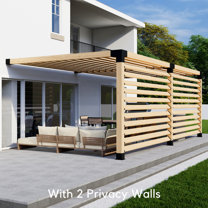 Attached Pergola Kit for 6x6 Wood Posts (Any Size Up to 24' x 12') - With Angled Roof Slats + Privacy Wall (Medium Spacing)
