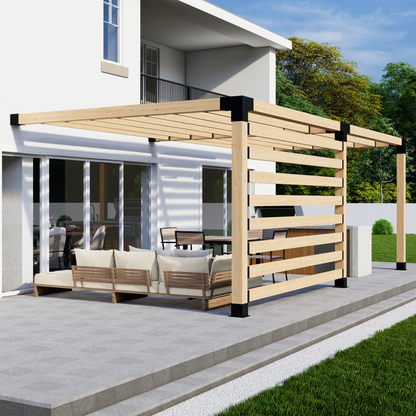 Up to 24' x 12' Wall-Mounted Pergola w/ Straight Inline 2x6 Slats and 1 Privacy Wall