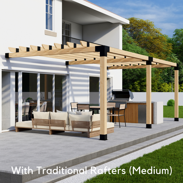 350 - Attached pergola with medium-spaced traditional 2x6 roof rafters atop beams