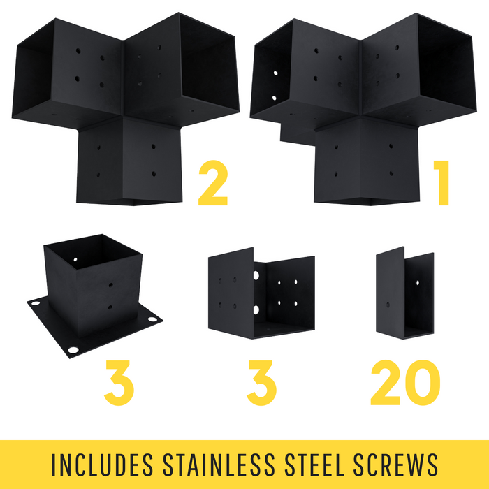 Pergola kit includes 3 base brackets, 3 wall-mount brackets, 2 3-arm post brackets, 1 4-arm post bracket and 20 roof brackets for adding straight inline 2x4 roof slats