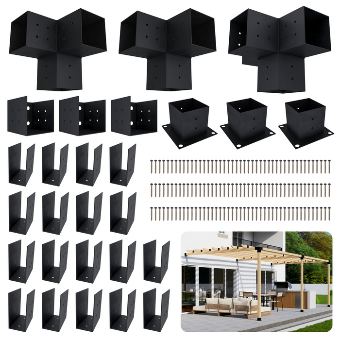 Pergola kit includes 3 base brackets, 3 wall-mount brackets, 2 3-arm post brackets, 1 4-arm post bracket and 18 roof brackets for adding rafters atop the pergola beams