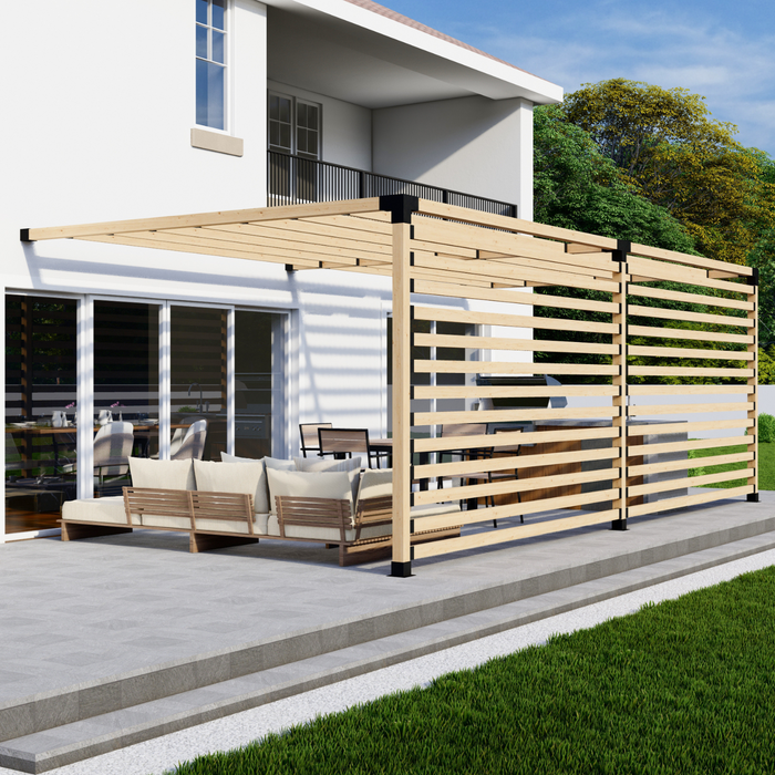 Attached Pergola Kit for 4x4 Wood Posts (Any Size Up to 24' x 12') - With Inline Roof Rafters + 2 Privacy Walls (Medium Spacing)