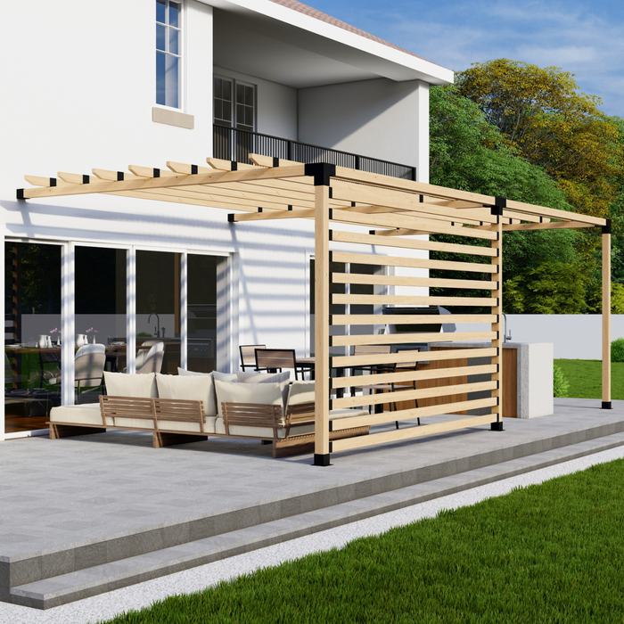 Attached Pergola Kit for 4x4 Wood Posts (Any Size Up to 24' x 12') - With Traditional Roof Rafters + Privacy Wall (Medium Spacing)