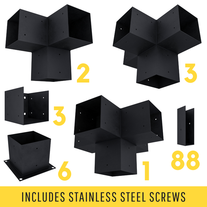 Pergola kit includes 6 base brackets, 3 wall-mount brackets, 2 3-arm brackets, 3 4-arm brackets, 1 5-arm bracket and 88 roof brackets for adding angled 2x4 roof slats
