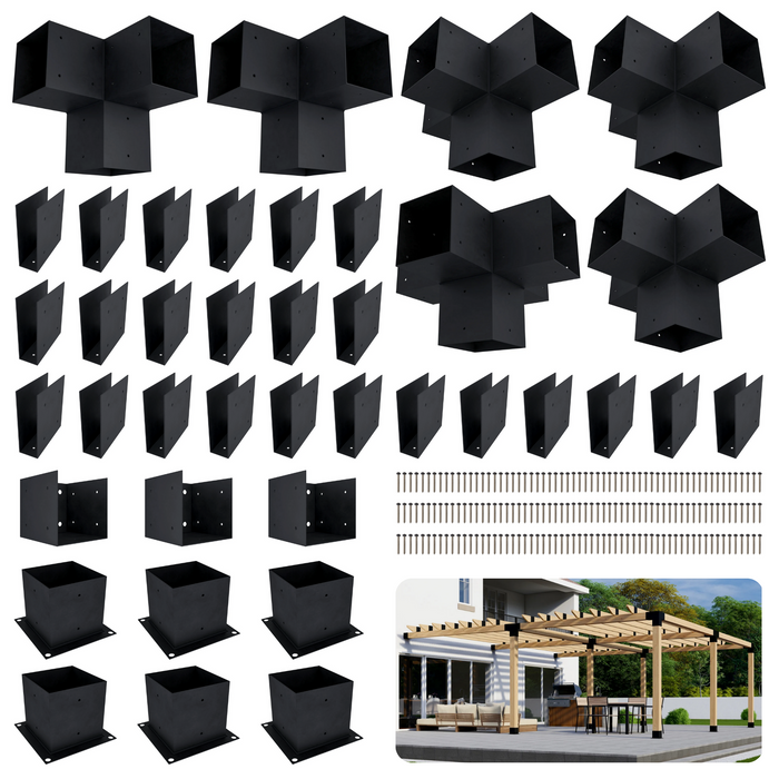 Pergola kit includes 6 base brackets, 3 wall-mount brackets, 2 3-arm brackets, 3 4-arm brackets, 1 5-arm bracket and 24 roof brackets for adding 2x4 rafters atop the beams