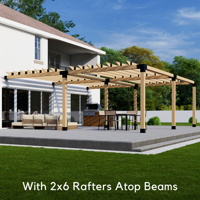 Attached pergola with medium-spaced traditional roof rafters atop beams