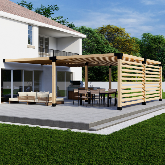 Attached Pergola Kit for 6x6 Wood Posts (Any Size Up to 24' x 24') - With Angled Roof Slats + 2 Privacy Walls (Medium Spacing)