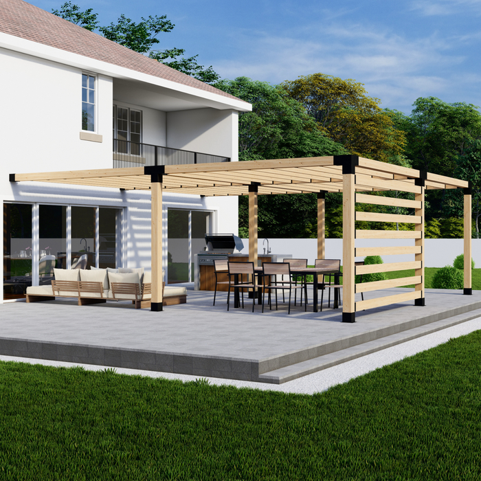 Attached Pergola Kit for 6x6 Wood Posts (Any Size Up to 24' x 24') - With Inline Roof Rafters + Privacy Wall (Medium Spacing)