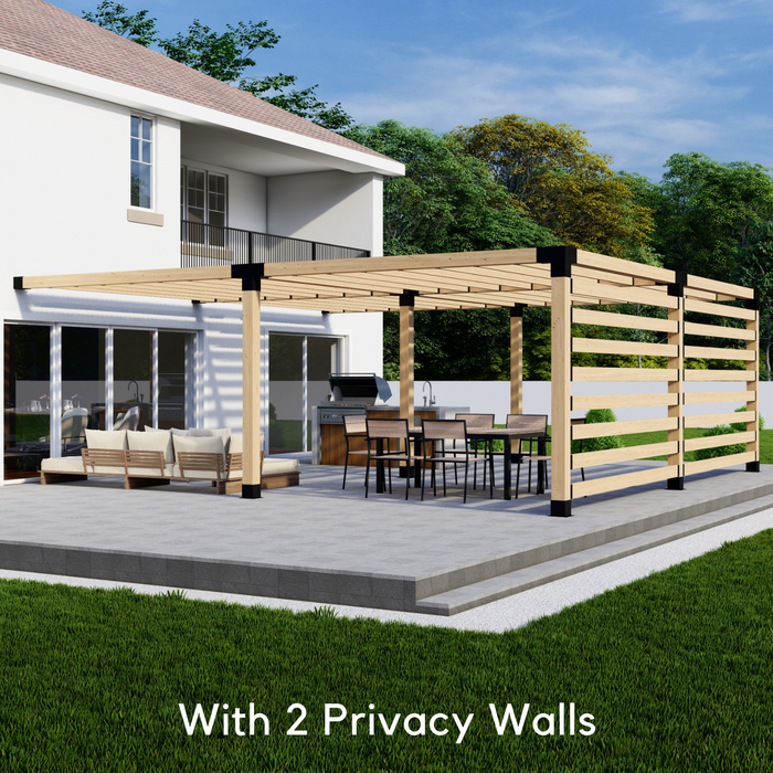 Attached Pergola Kit for 6x6 Wood Posts (Any Size Up to 24' x 24') - With Inline Roof Rafters + Privacy Wall (Medium Spacing)