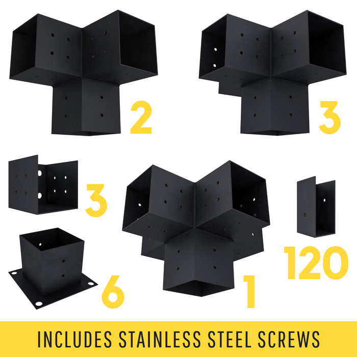 Pergola kit includes 6 base brackets, 3 wall-mount brackets, 2 3-arm brackets, 3 4-arm brackets, 1 5-arm bracket and 120 roof brackets for angled 2x4 slats