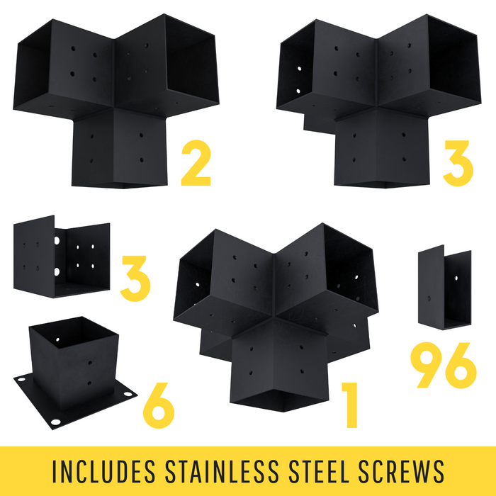 Pergola kit includes 6 base brackets, 3 wall-mount brackets, 2 3-arm brackets, 3 4-arm brackets, 1 5-arm bracket and 96 roof brackets for angled 2x4 slats