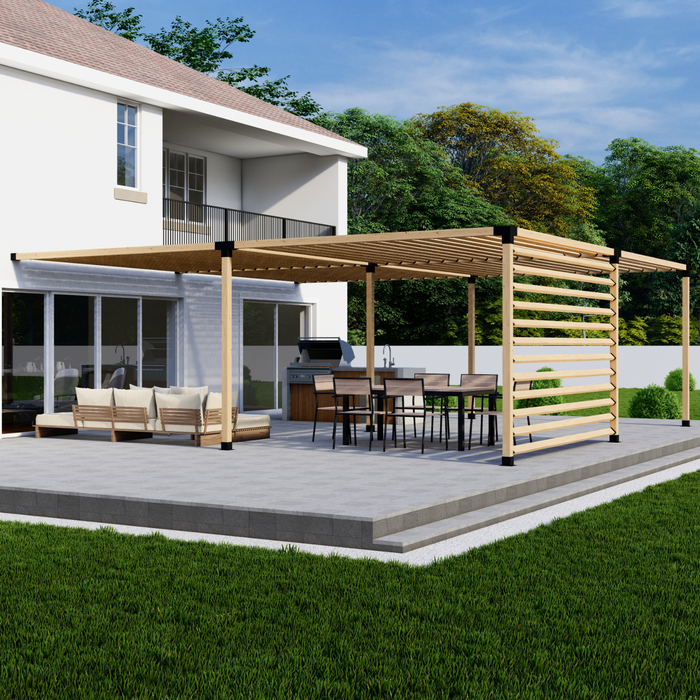 Attached Pergola Kit for 4x4 Wood Posts (Any Size Up to 24' x 24') - With Angled Roof Slats + Privacy Wall (Medium Spacing)