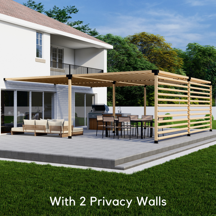 Attached Pergola Kit for 4x4 Wood Posts (Any Size Up to 24' x 24') - With Angled Roof Slats + Privacy Wall (Medium Spacing)