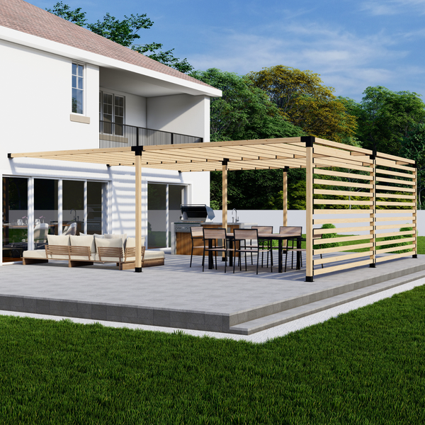 Up to 24' x 24' Pergola Attached to House w/ Straight Inline 2x4 Roof Slats and 2 Privacy Walls