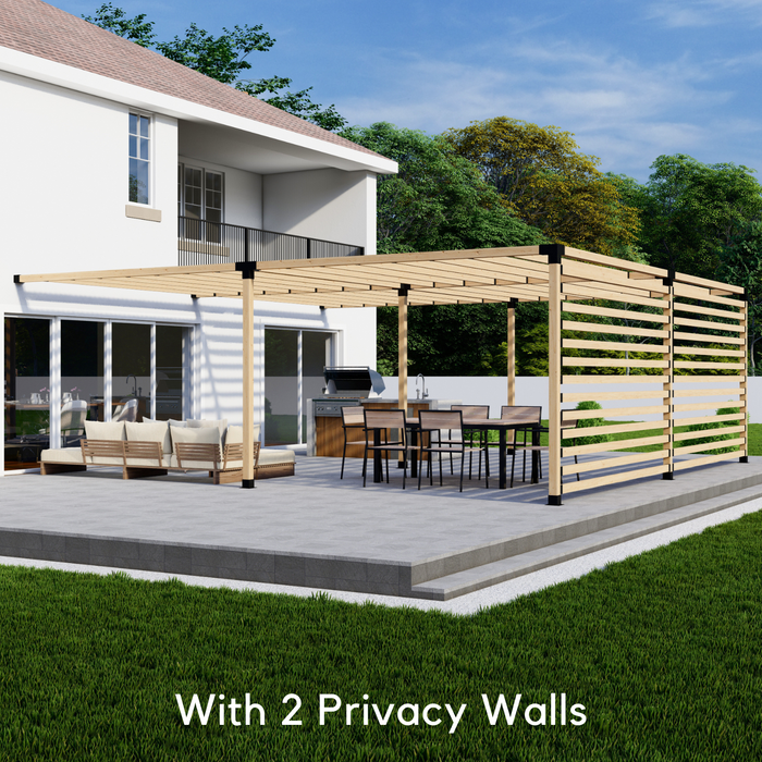 Attached Pergola Kit for 4x4 Wood Posts (Any Size Up to 24' x 24') - With Inline Roof Rafters + Privacy Wall (Medium Spacing)
