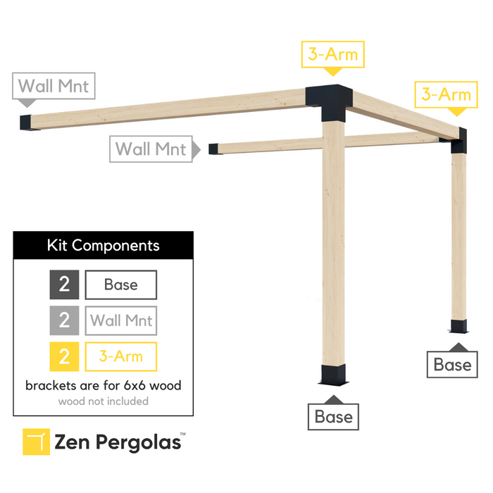 162.7 - This single attached pergola kit includes 2 base brackets, 2 wall-mount brackets and 2 3-arm brackets, all of which are for 6x6 wood