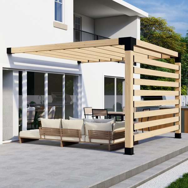 Up to 12x12 Attached Pergola w/ Straight Inline 2x6 Roof Slats and 1 Privacy Wall