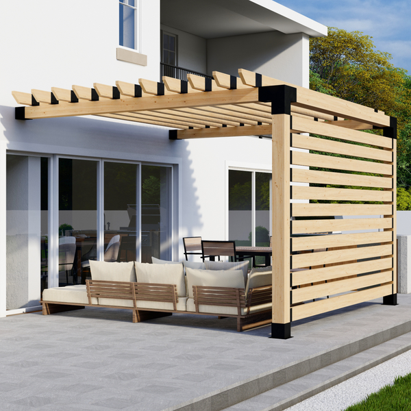 Up to 12' x 12' Wall-Mounted Pergola w/ 2x6 Rafters Atop Beams and 1 Privacy Wall