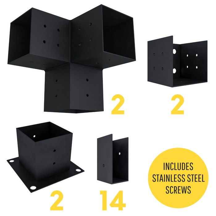 Pergola kit includes 2 base brackets, 2 wall-mount brackets, 2 3-arm post brackets and 14 insert brackets for straight inline 2x4 slats